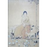Dorothy Hawksley - Mother and child in a meadow with lambs, lithograph with added heightening,