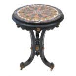 A late 19th century Italian ormolu mounted ebonised circular marble table inlaid with specimen