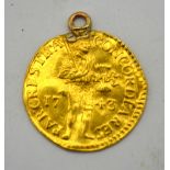 A 1743 Netherlands gold 1 ducat with welded suspension-ring, 3.