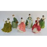 Six Royal Doulton figurines - Fleur HN2368; Top O'the Hill HN1834; Grace HN2318; Premiere HN2343;