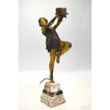 An Art Deco spelter lamp modelled as a dancing girl (lacks ball shade), with parcel gilt decoration,