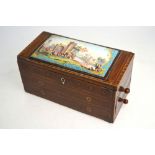 An early 19th century Continental inlaid mahogany trinket box with enamelled cushion-top painted