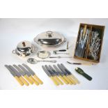 An electroplated oval hot entree dish and cover, to/w a muffin dish and cover, a spoon-tray,