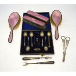 A pair of silver and basse-taille pink enamel hairbrushes and matching clothes brushes,