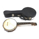 A banjolele - 'The Whiple' by Windsor & Birmingham, with maple body and rosewood finger board,
