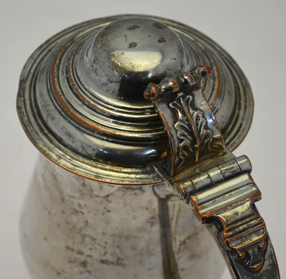 A mid Georgian Old Sheffield Plate lidded tankard of baluster form with foliate and scroll - Image 2 of 2