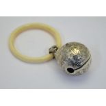 A Victorian infant's rattle with engraved silver bell-ball on bone ring teether,