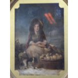 Manner of Morland - Seated lady with dog and basket of fruit at her feet, oil on board,