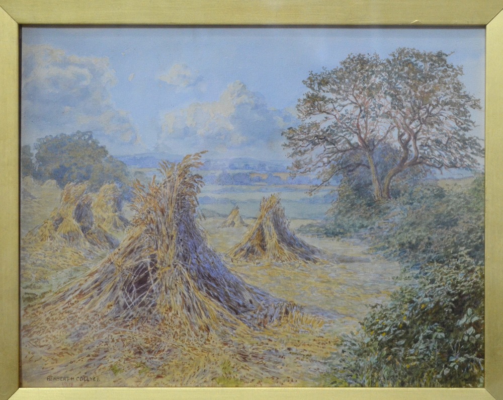 Herbert Collyer (1863-?) - Pair of rural harvest views, both signed and dated 1918, 22. - Image 3 of 9