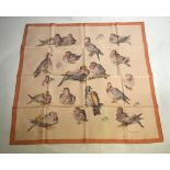 Hermes silk scarf, 'Les Tourterelles', pale peach ground with dark peach border, 90 x 90 cm,