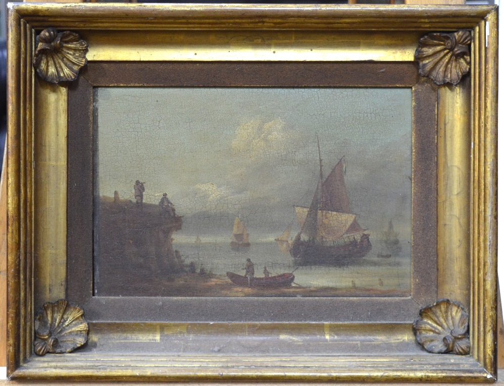 English school - A coastal view with figures atop a cliff looking toward harbour fleet, - Image 2 of 3