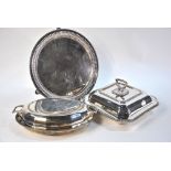 An electroplated square entree dish and cover and an oval example,