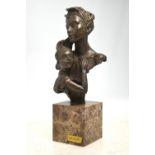 A brown patinated bronze bust group, mother and daughter, after La Fuente, on marble plinth,