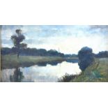 English school - A river view with church spire in distance, oil on canvas,
