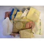 Two boxes of assorted table linen including examples with crocheted edging, doiley sets, huckabacks,