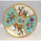 A Dresden porcelain shallow bowl traditionally decorated with floral panels on a turquoise ground
