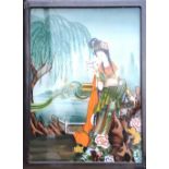 A Chinese glass picture portraying a standing girl, holding a flower, wood frame,