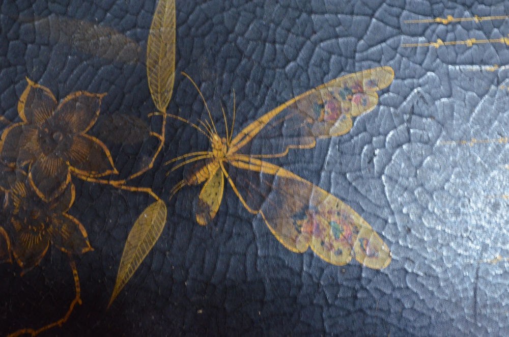 A 19th Century papier mache tray with gilt decoration of insects and flowers on a black ground. - Image 4 of 6