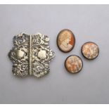 A pair of Satsuma buttons to/w a shell cameo brooch featuring female and an EPNS scrollwork buckle