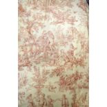 A pair of lined and inter-lined Toile de Jouy curtains, cream ground with red printed design,