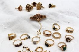 A collection of 9ct gold rings, diamond and semi precious stone set,