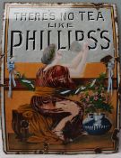 A Phillips Tea pictorial enamel sign depicting a seated lady chiselling out the letters "There`s no