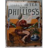 A Phillips Tea pictorial enamel sign depicting a seated lady chiselling out the letters "There`s no