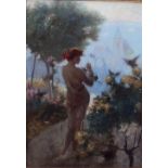 Late 19th / early 20th century French School
A maiden wearing a diaphanous gown in a garden with a