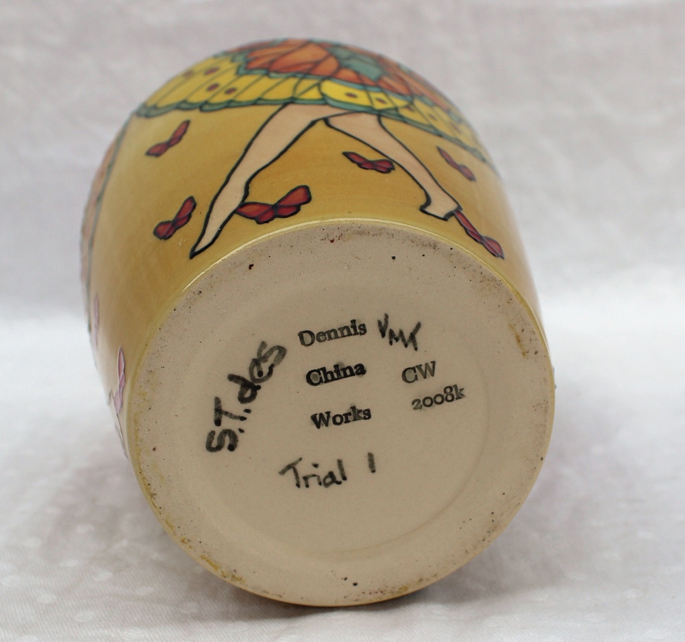 A Dennis China Works pottery trial vase of barrel shape decorated in the Butterfly Lady pattern, - Image 3 of 3