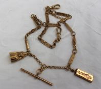 A 9ct gold Albert chain, with engraved rectangular links, twisted bead decorated links,