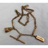 A 9ct gold Albert chain, with engraved rectangular links, twisted bead decorated links,