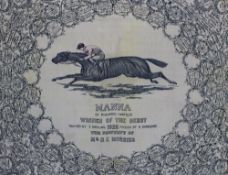 An early 20th century framed silk scarf depicting the race horse 'Manna' by Phalaris-Waffles,