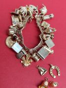 A 9ct yellow gold charm bracelet set with numerous charms including acorn, car, book, camera,