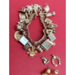 A 9ct yellow gold charm bracelet set with numerous charms including acorn, car, book, camera,