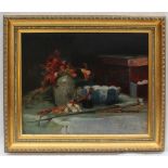 E Girardin
Still life study of a vase of flowers and other objects
Oil on board
Signed
31 x 39cm