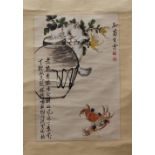A 20th century Oriental watercolour on paper  signed Jusheng Sun of a kitten climbing a pot,