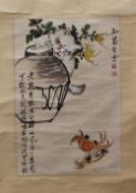 A 20th century Oriental watercolour on paper  signed Jusheng Sun of a kitten climbing a pot,