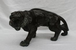 A Japanese bronze model of a male tiger its head to one side with teeth bared,