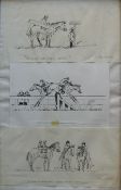 ENN Reitel three cartoon sketches depicting racehorse scenes referring to Tony Charlton,