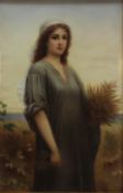 A continental porcelain plaque "Ruth" decorated with a female figure holding a sheaf of corn,
