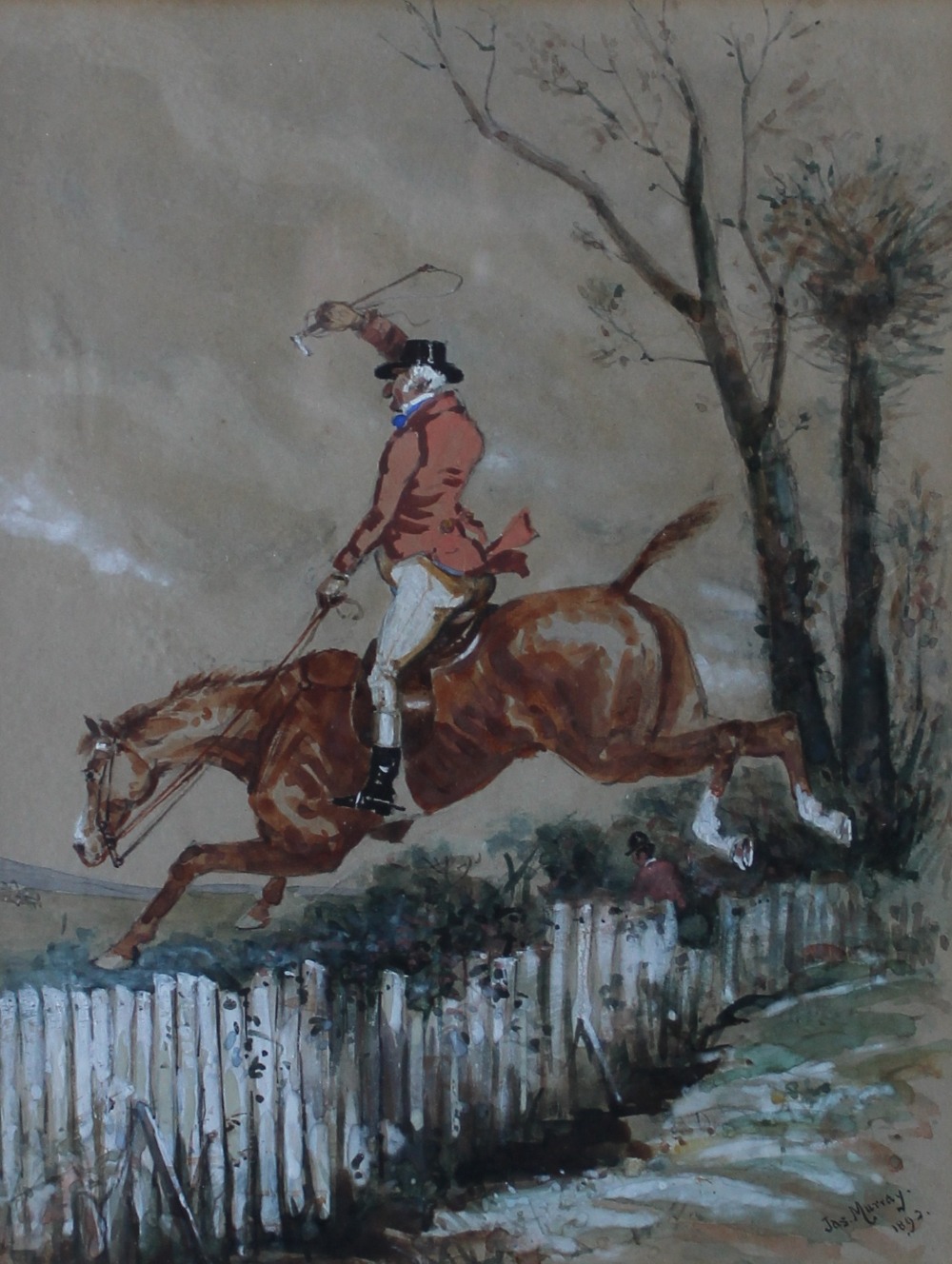 James Murray
A huntsman jumping a fence
Watercolour
Signed and dated 1892
22 x 17cm
Together with - Image 3 of 3