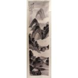 An Oriental scroll on paper depicting a river village scene in a mountain range, signed Shixian Wu,