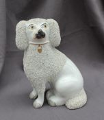 A 19th century Staffordshire spaniel  with gilt collar, separate front legs, in a seated position,