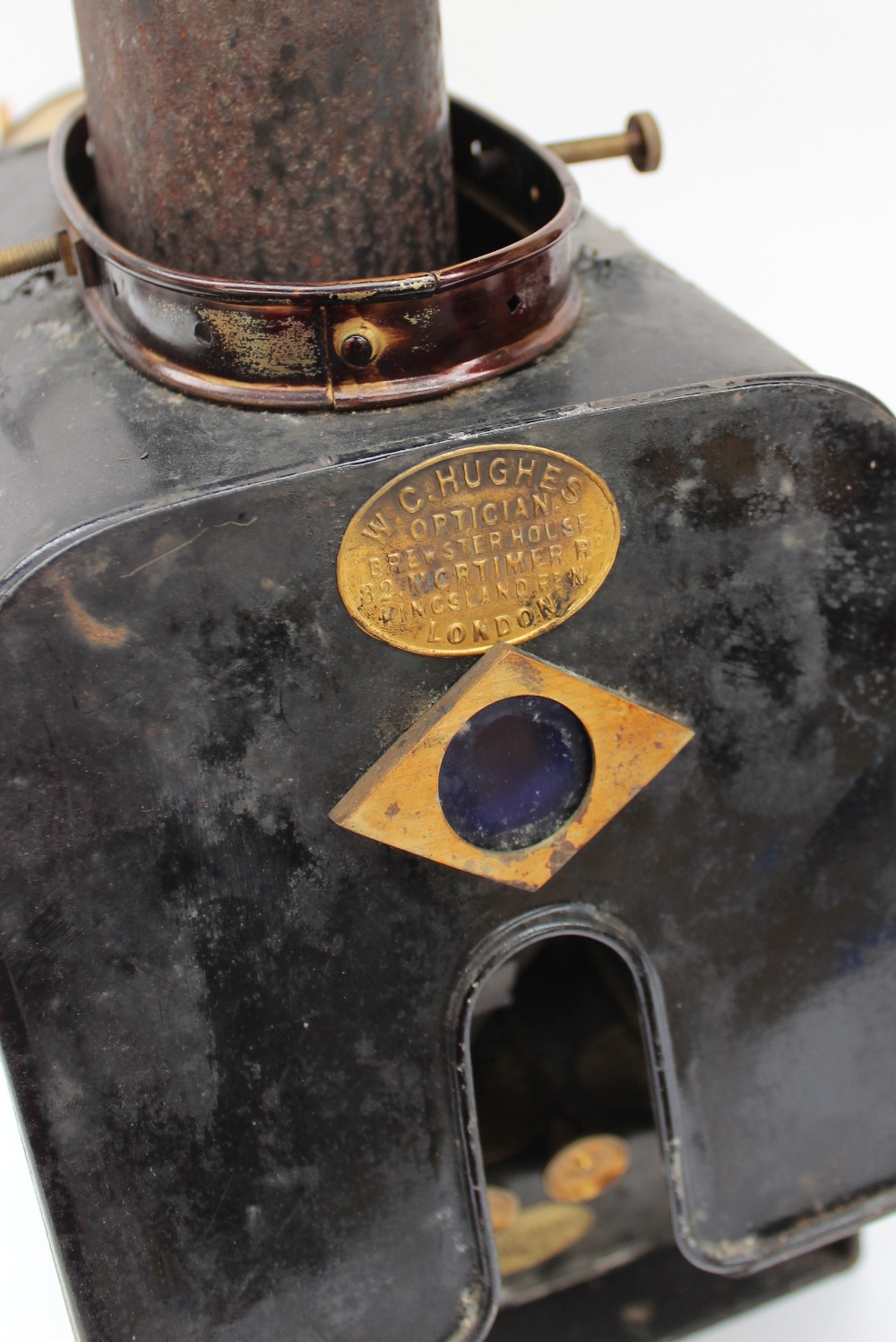 A Black Enamelled Tinplate and Lacquered Brass `New Pamphengos` Magic Lantern by W.C. - Image 2 of 5