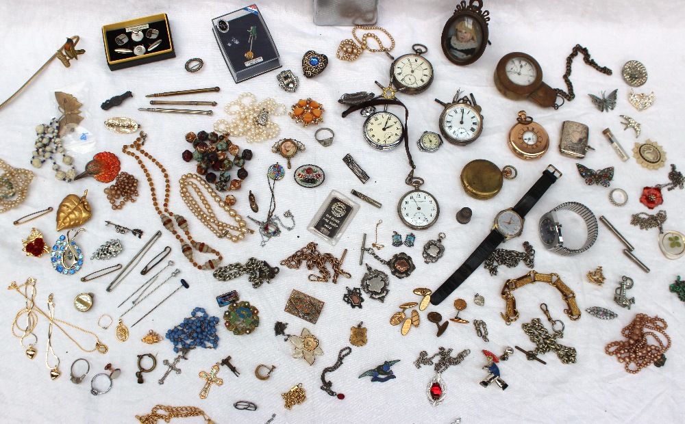Assorted costume jewellery including wristwatches, pocket watches, cigarette case, necklaces,