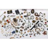 Assorted costume jewellery including wristwatches, pocket watches, cigarette case, necklaces,