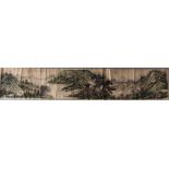 An Oriental watercolour on paper, of a mountain range and river valley by Zhengming Wen,
