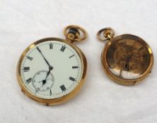 An 18ct yellow gold open faced pocket watch the circular enamel dial with Roman numerals and a