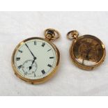 An 18ct yellow gold open faced pocket watch the circular enamel dial with Roman numerals and a