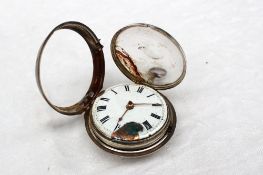 A George III silver pair cased open faced pocket watch, the enamel dial with Roman numerals,